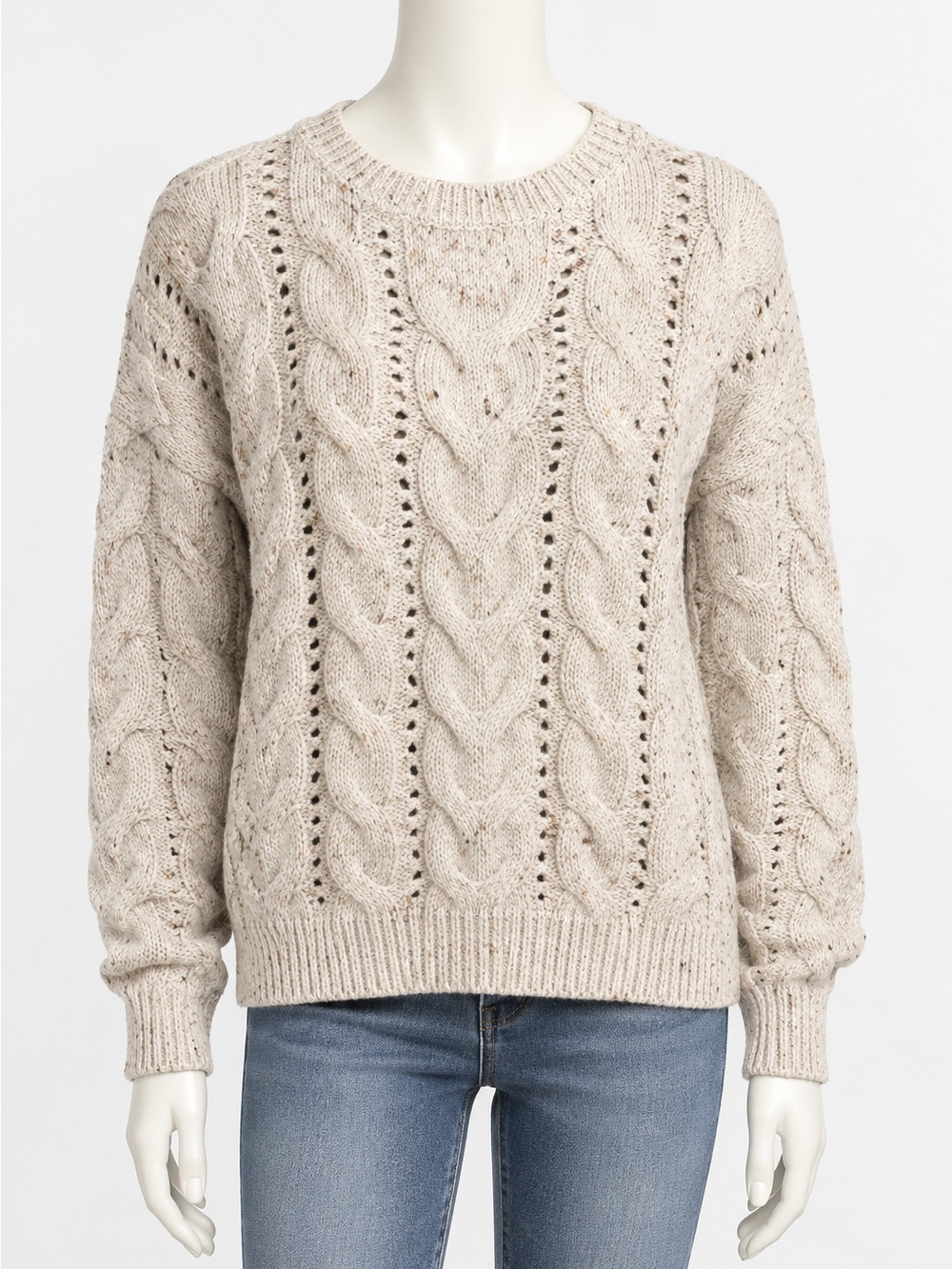 Chunky Cable Knit Crewneck Sweater - Cream [Size Medium]